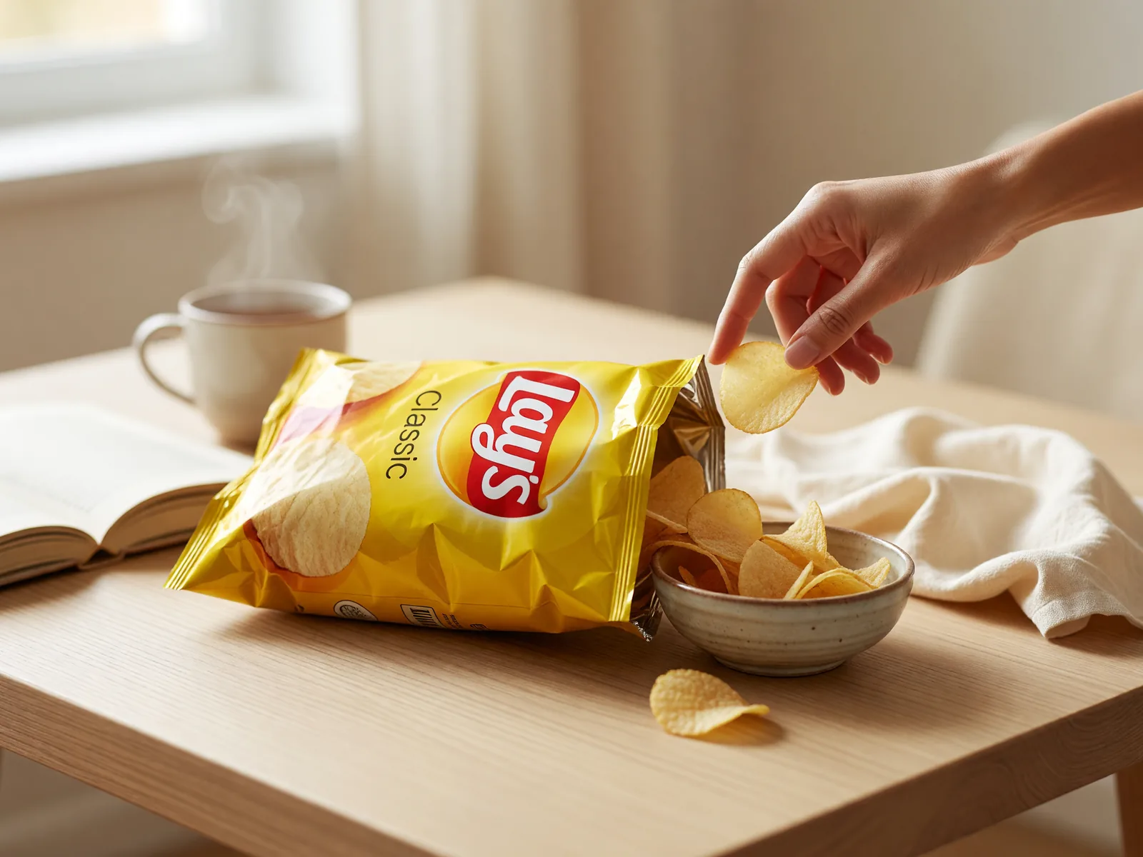 Hand reaching into an open bag of chips at a cozy afternoon snack moment