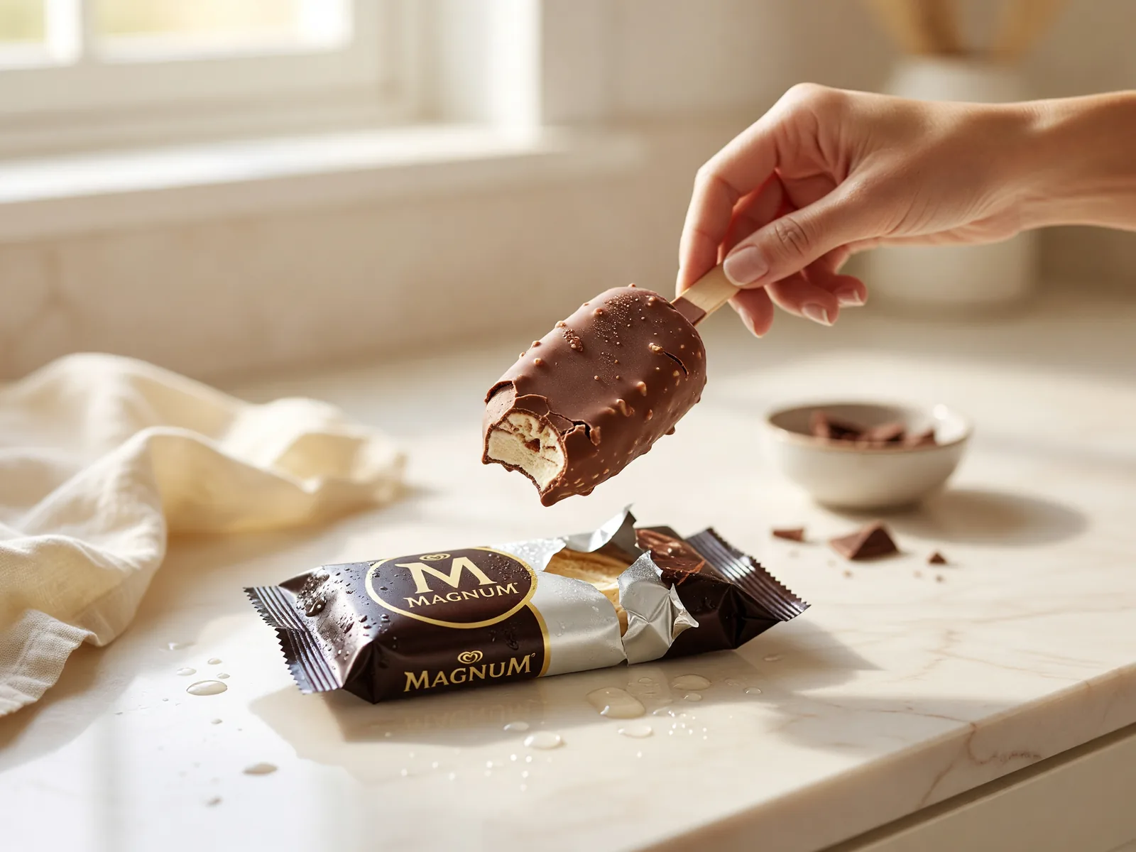 Hand holding a premium ice cream bar with glossy flow-wrap packaging on a cream marble counter