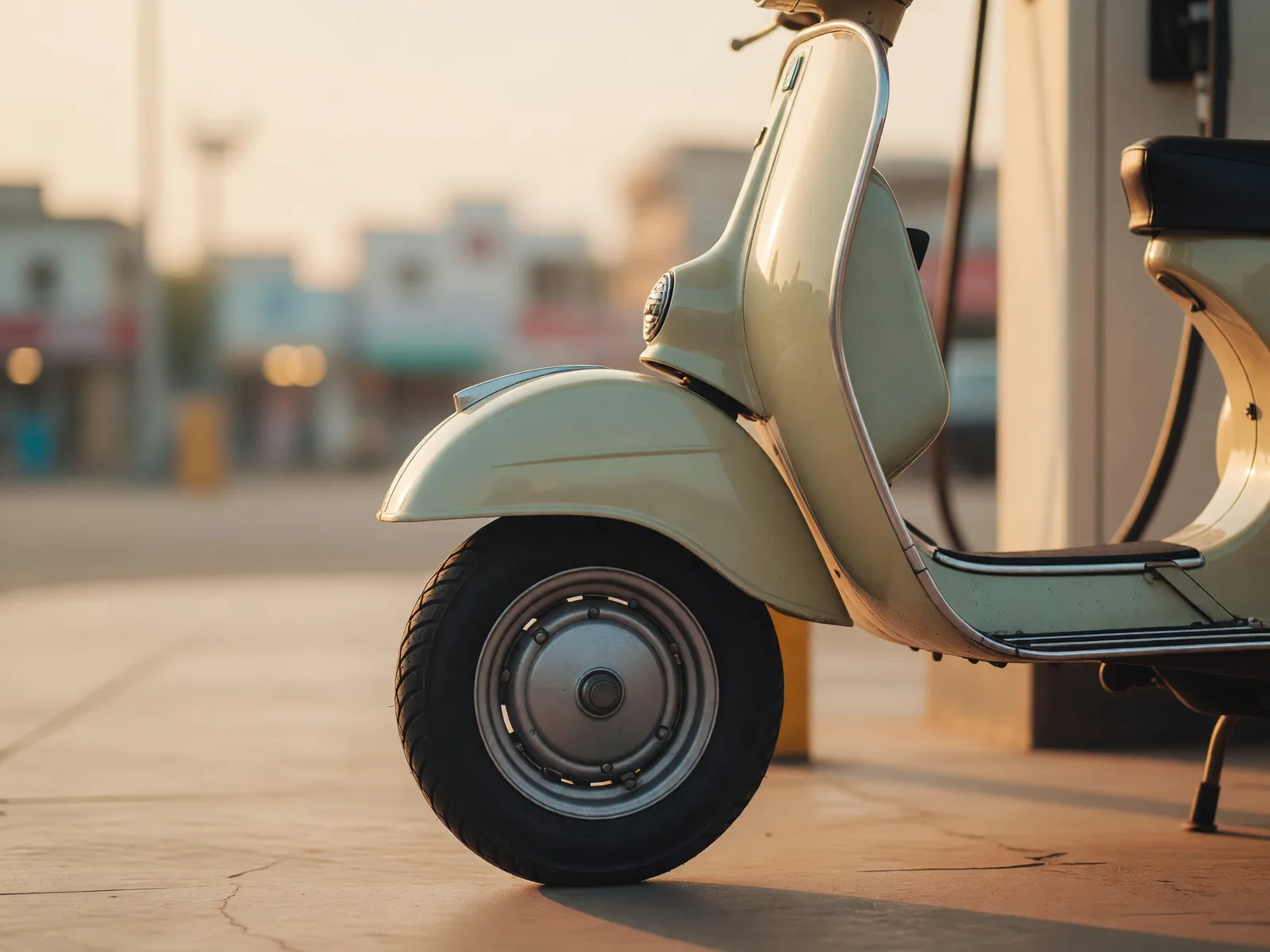 Vintage Vespa scooter at a petrol pump station in warm evening light
