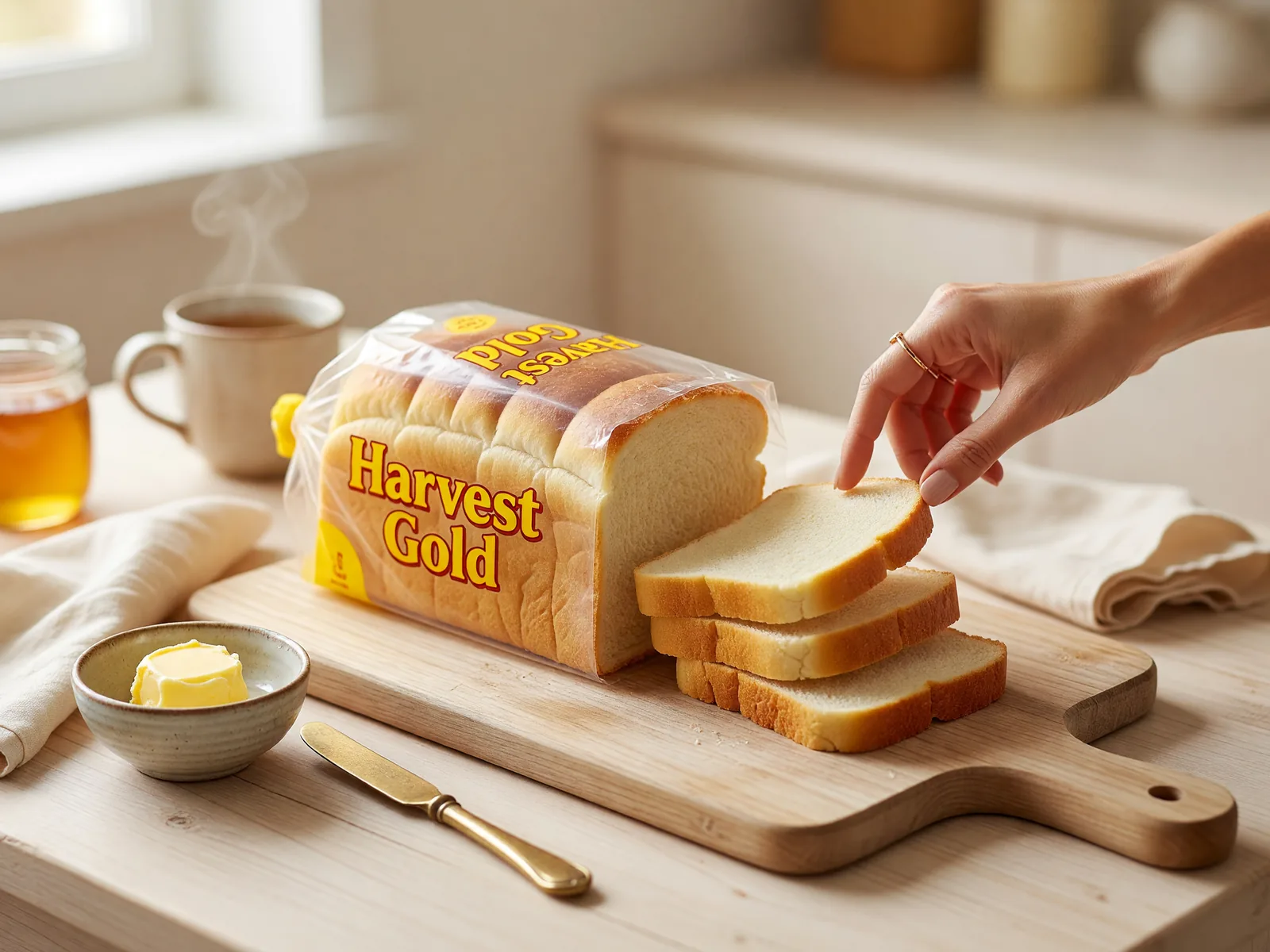 Fresh sliced bread on a wooden board with its plastic bag beside it at breakfast