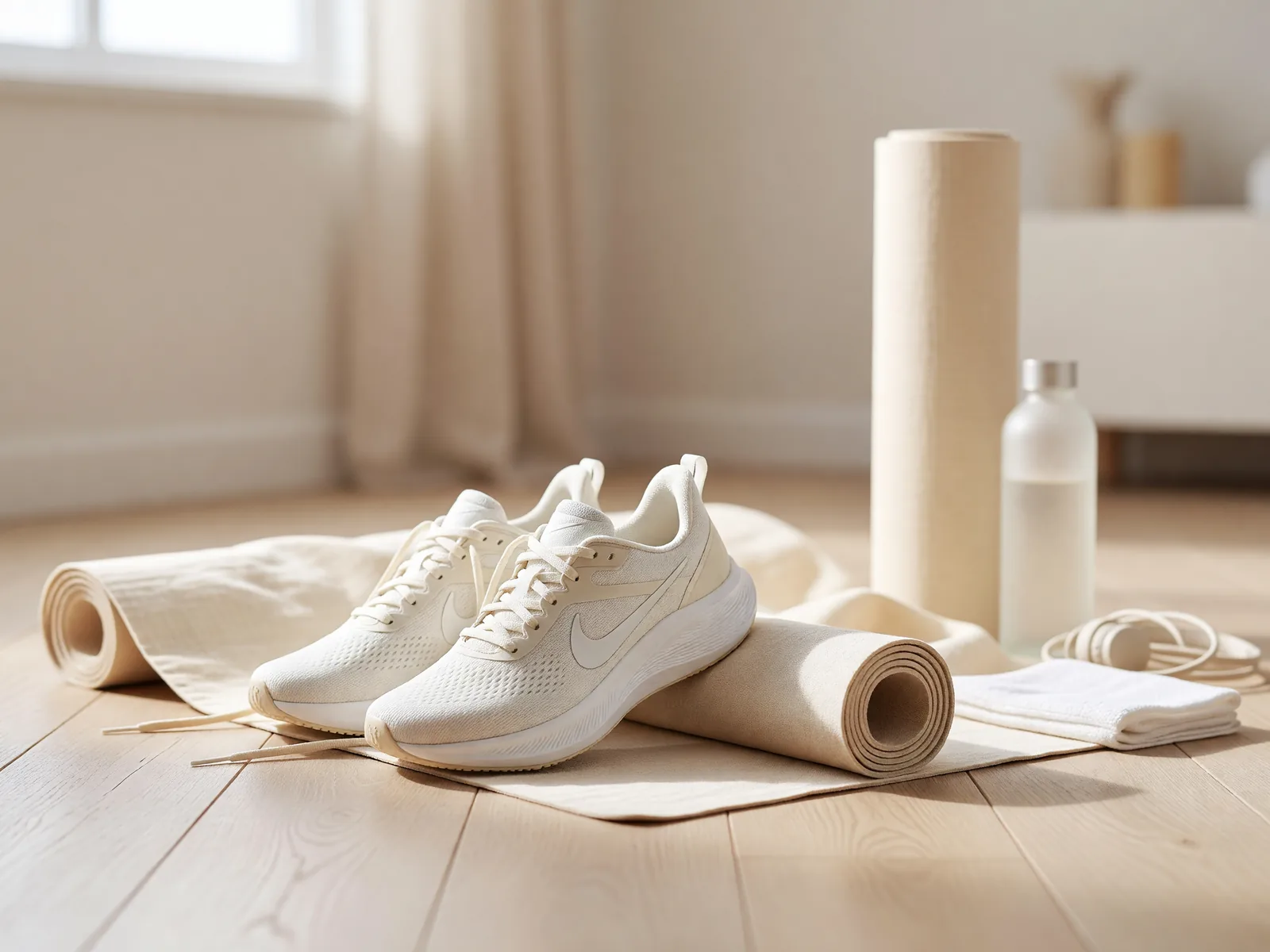 Pair of premium running shoes on a wooden floor beside a rolled yoga mat