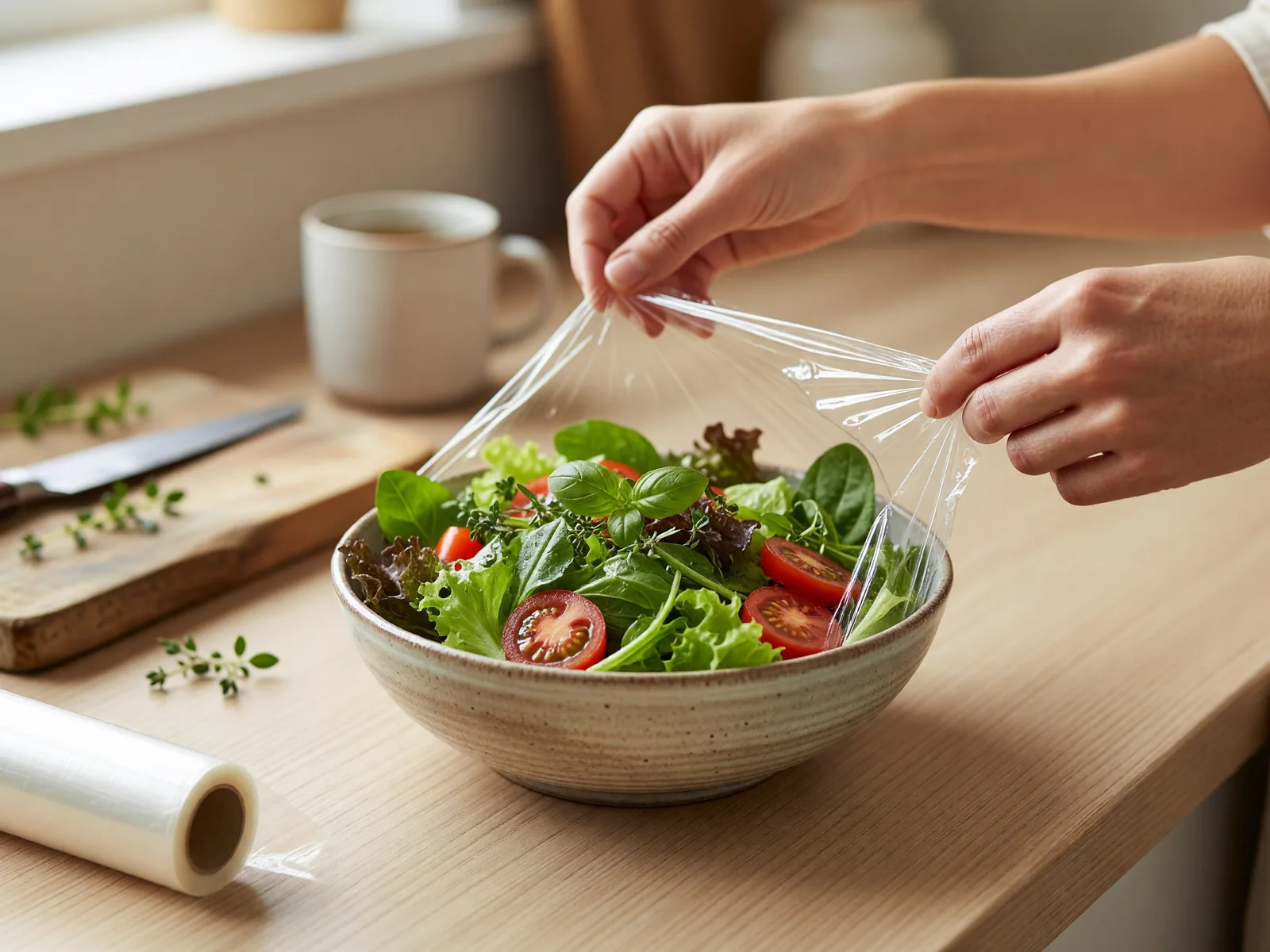 Hands stretching cling film over a ceramic bowl of fresh salad in a warm kitchen