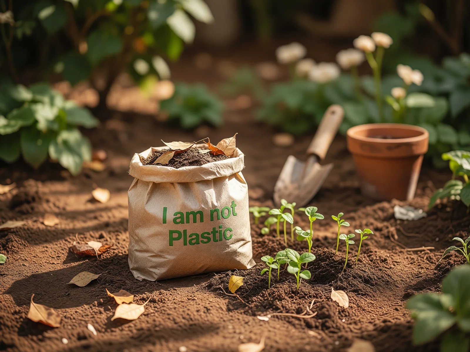 Compostable bag returning to earth in a garden setting with young seedlings