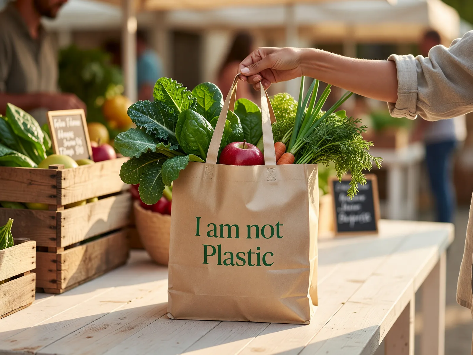 Biodegradable I am not Plastic carry bag overflowing with fresh produce at a farmers market