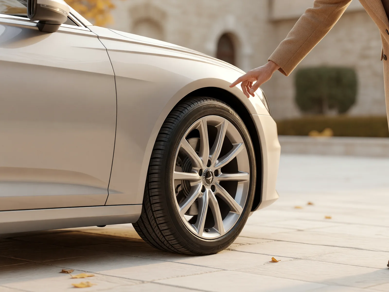 Premium car wheel on warm stone pavers in a golden morning courtyard