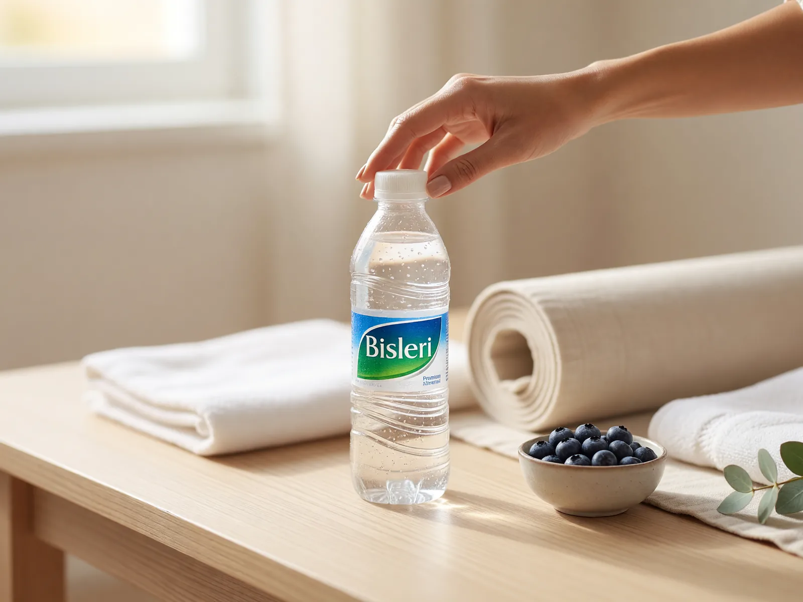 Crystal-clear premium water bottle with condensation on a morning wellness counter