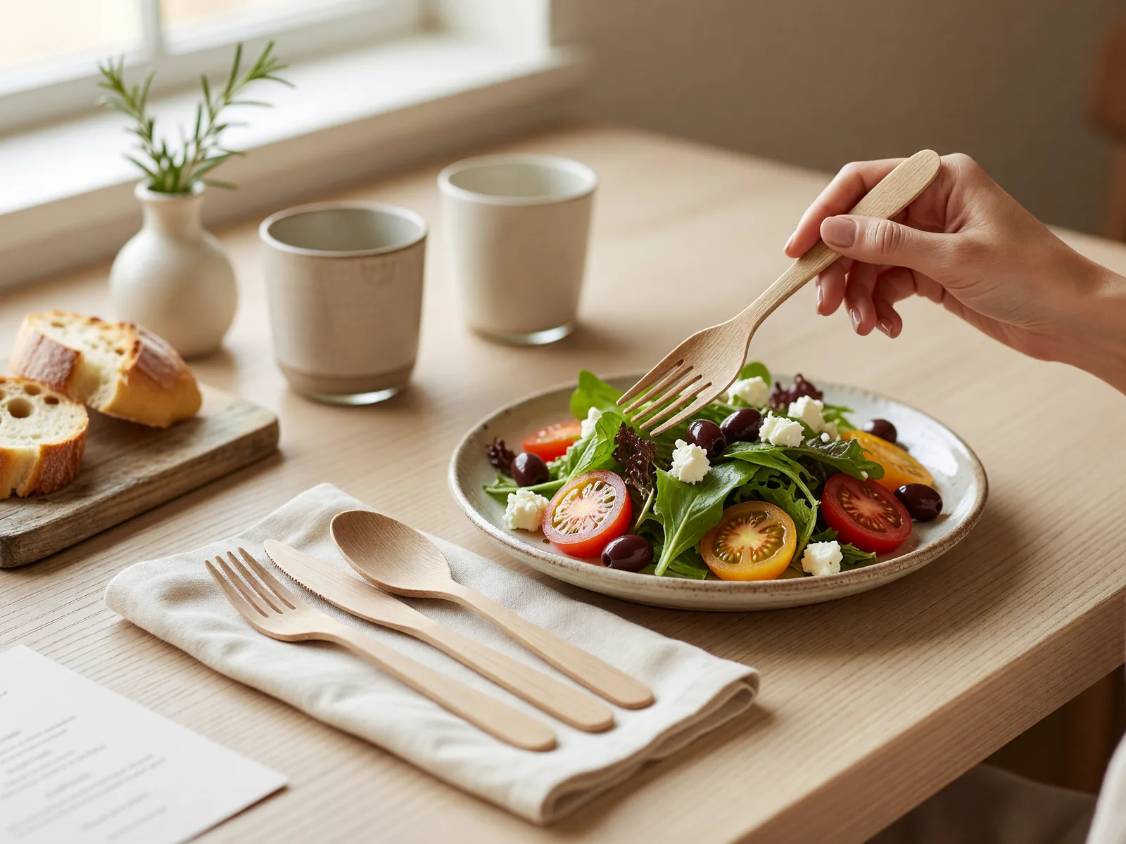 Biodegradable cutlery beside a fresh salad plate on a warm cafe table