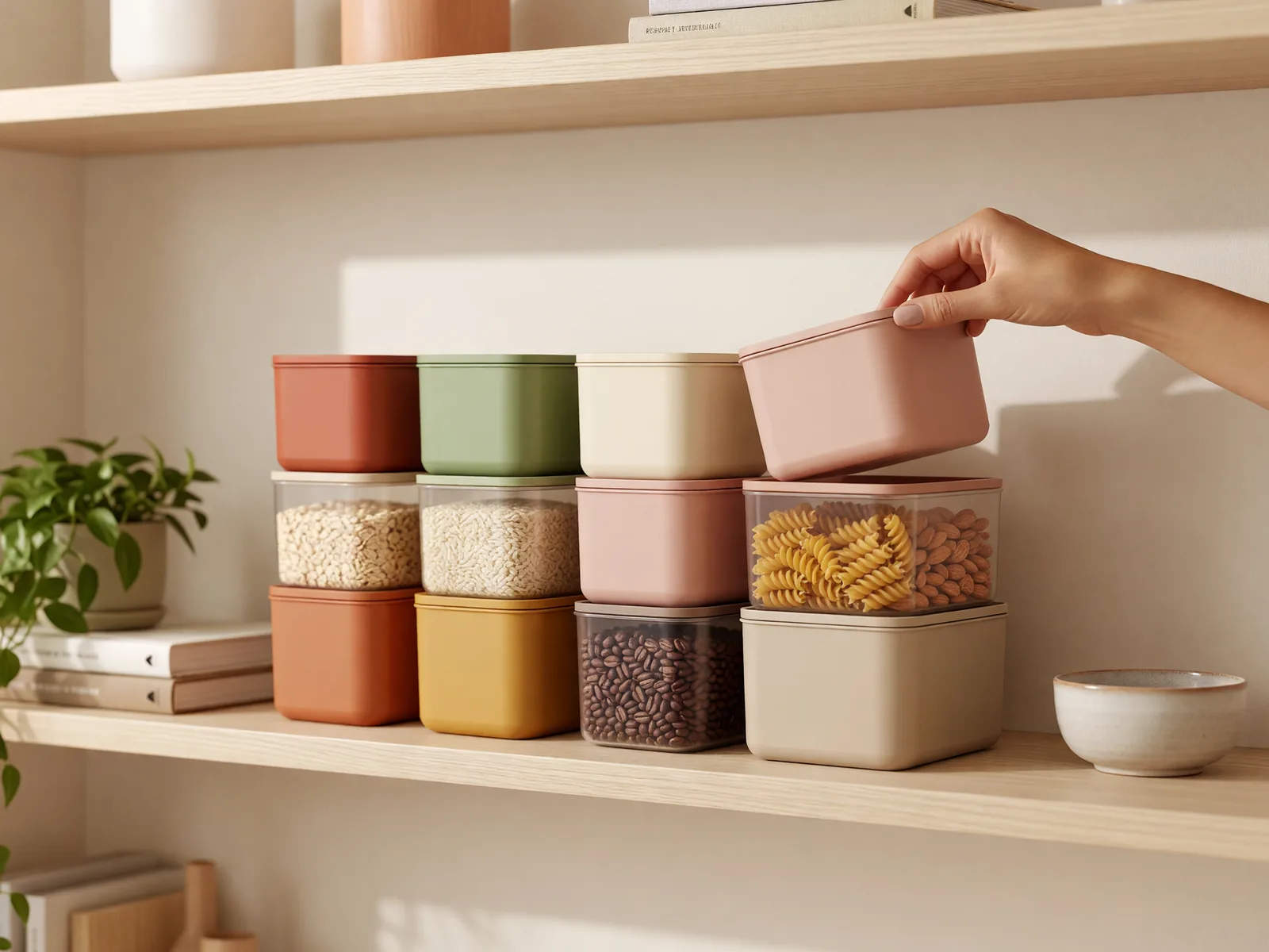 Stacked plastic storage containers in muted warm colors on a kitchen shelf