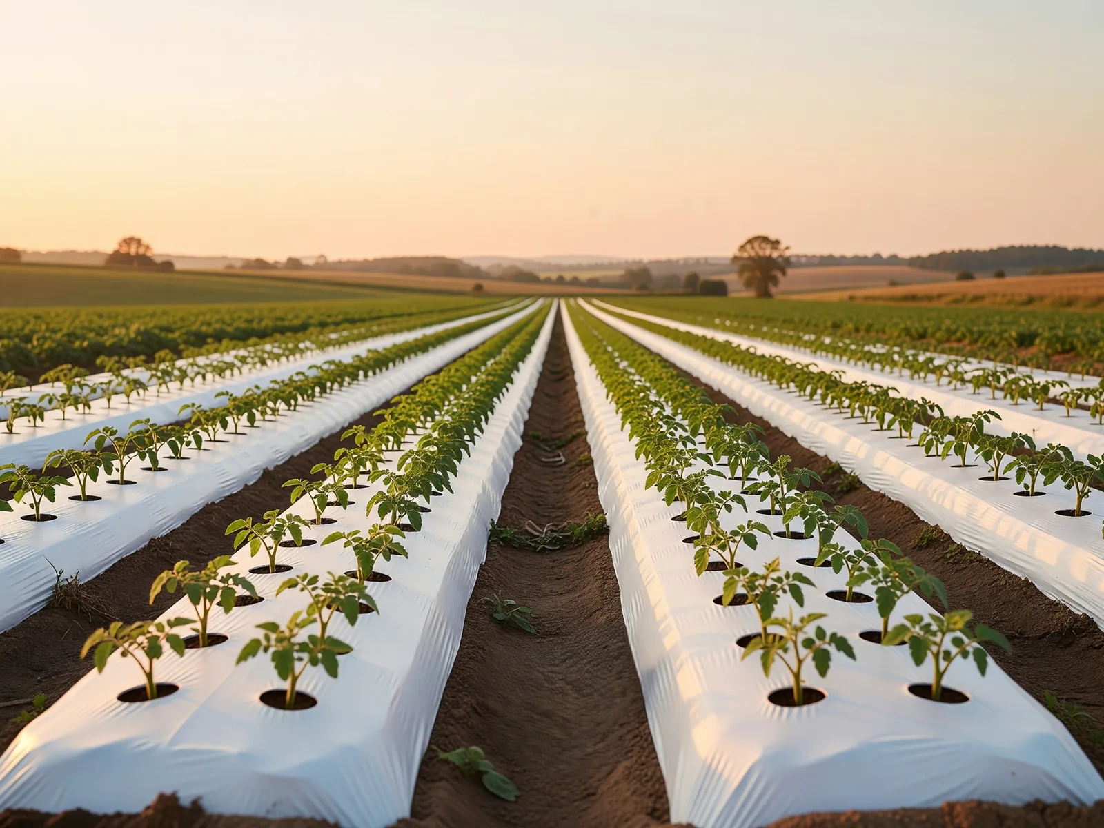 Rows of white agricultural mulch film with green plants emerging at golden hour